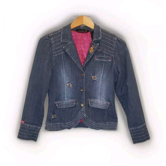 Rocawear Denim Jacket Girl Large 10/12 Medium Wash Magenta Satin Lined Y2K Retro - Picture 3 of 16